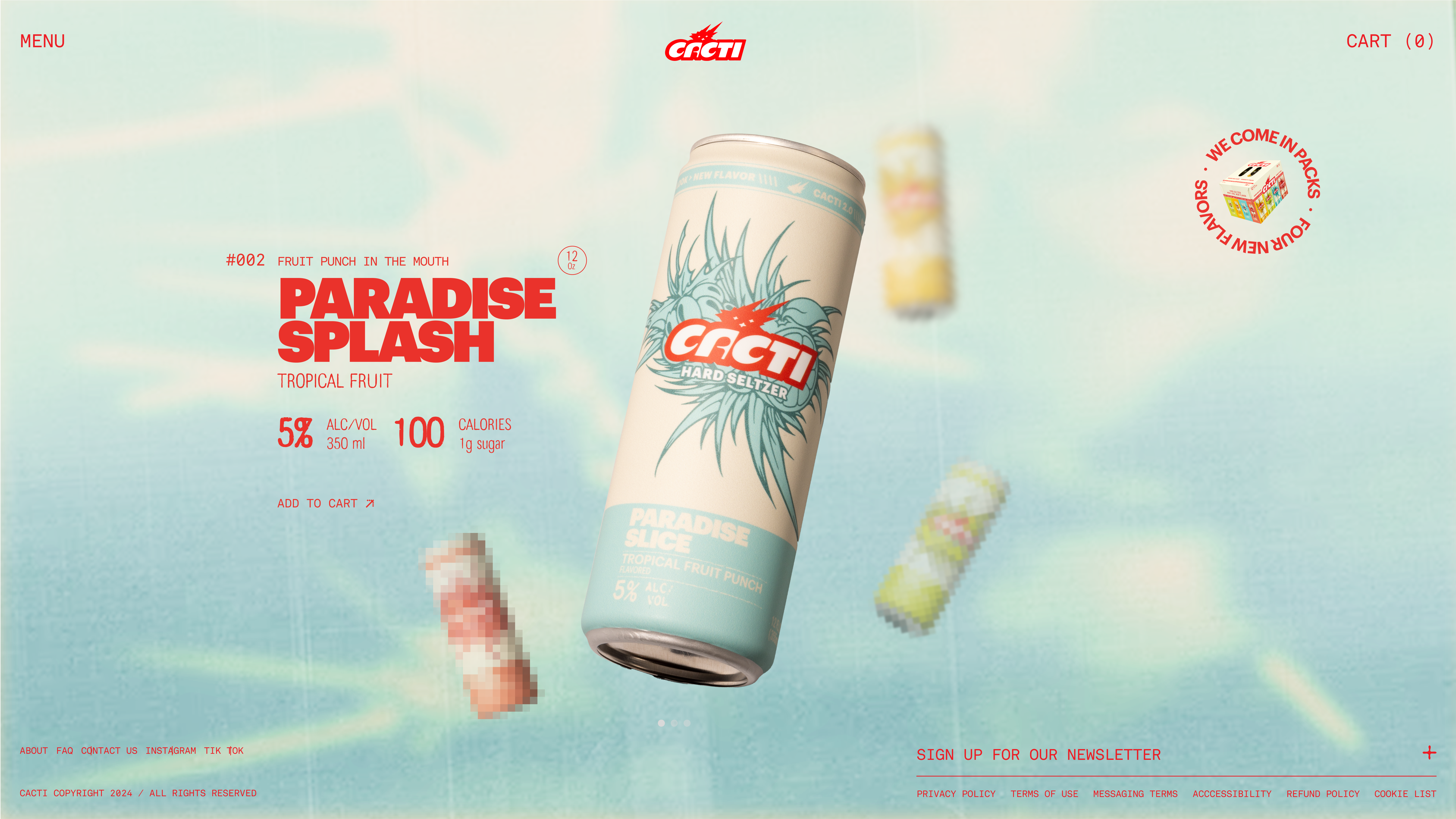 CACTI Paradise Splash tropical fruit hard seltzer can floating against a soft aqua background