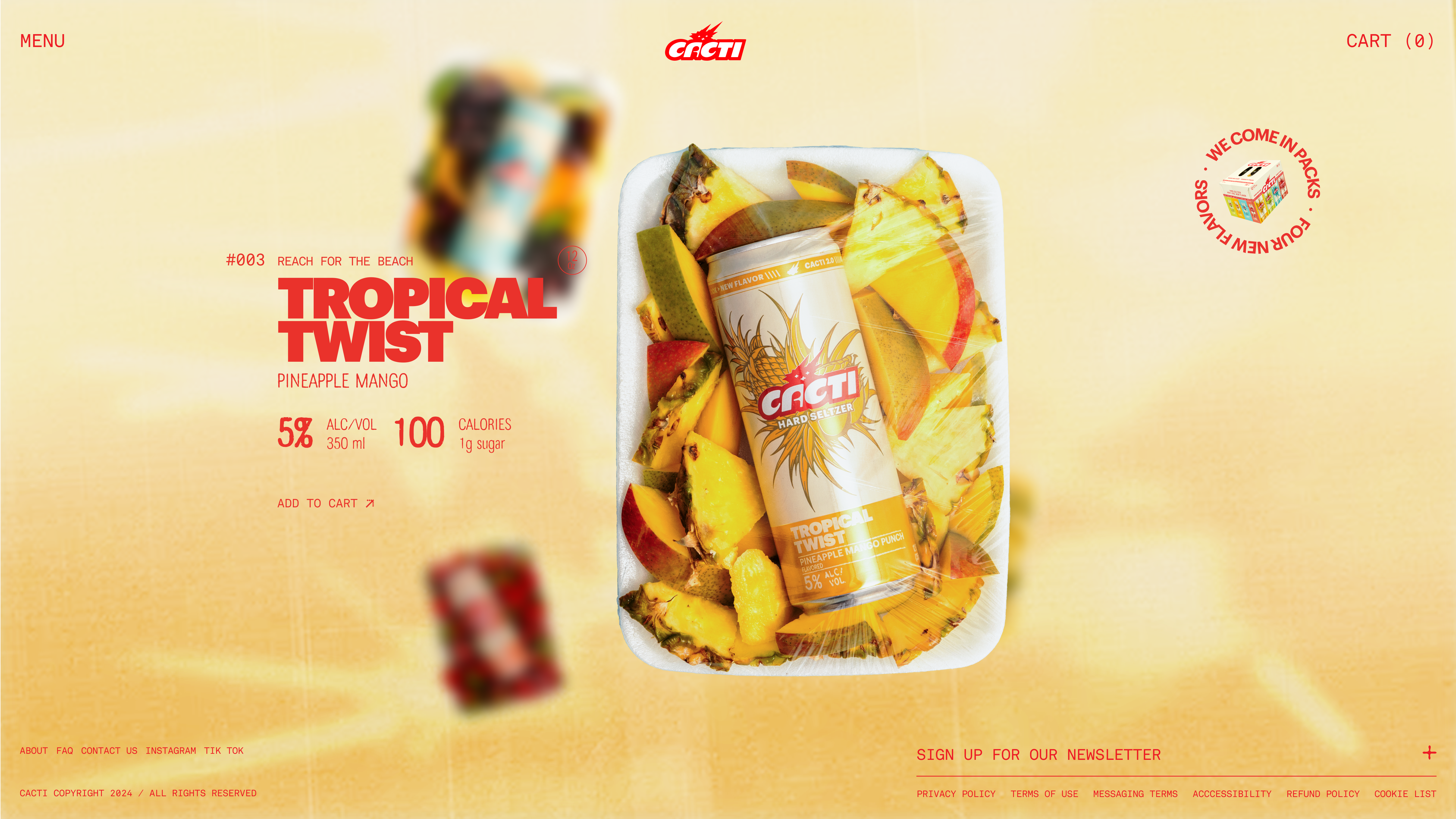 CACTI Tropical Twist pineapple mango hard seltzer can surrounded by fresh tropical fruit